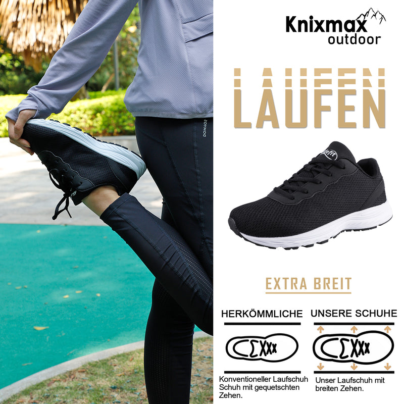 Knixmax Extra Wide Lightweight Herren-Plattfuß-Laufschuhe Schwarze Sportschuhe mit breiten Zehenbox-Schuhen
